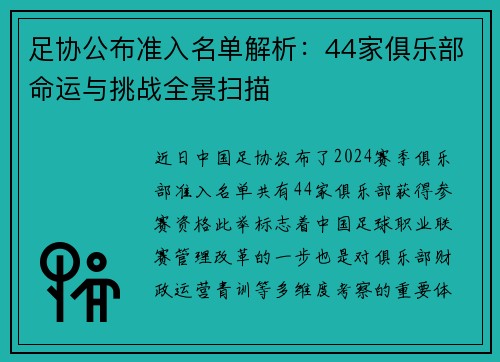足协公布准入名单解析:44家俱乐部命运与挑战全景扫描 足协公布准入名单解析:44家俱乐部命运与挑战全景扫描