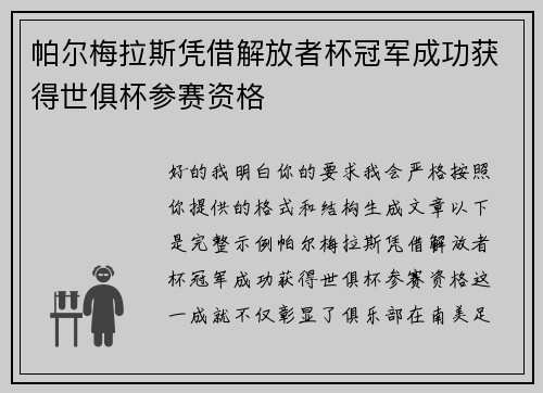 帕尔梅拉斯凭借解放者杯冠军成功获得世俱杯参赛资格